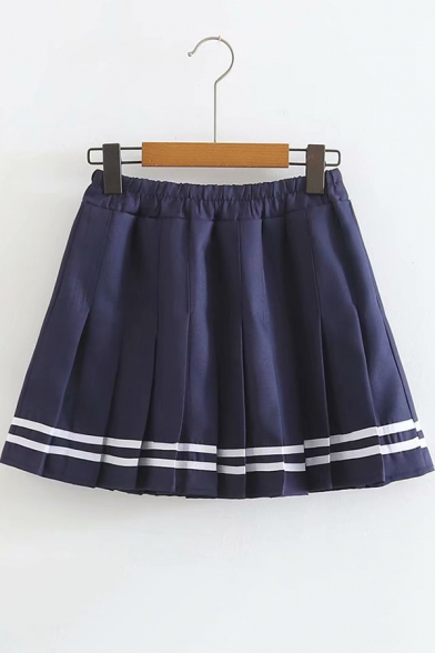 Girls Summer New Fashion Striped Hem Elastic Waist Mini Navy A-Line Pleated Skirt