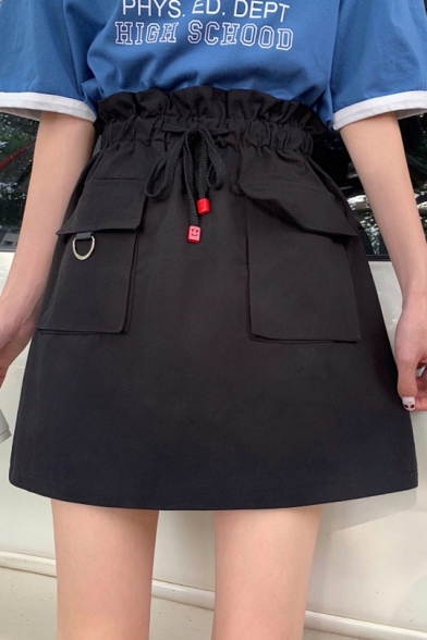 Girls Trendy Plain Drawstring Elastic Waist Flap Pocket Front Mini A-Line Skirt