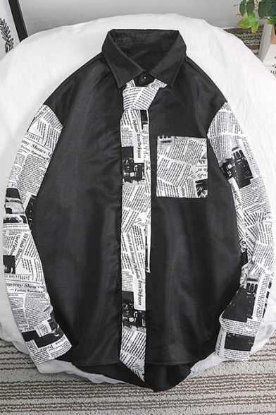 Guys Cool Vintage Black and White Newspaper Print Long Sleeve Loose Fitted Button Shirt