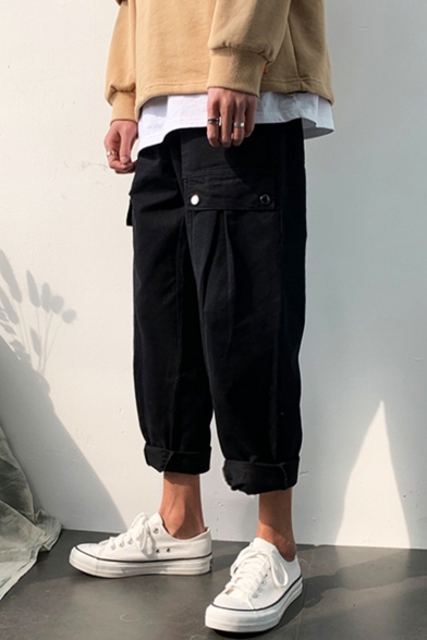 Guys New Fashion Simple Plain Falling Wide Leg Casual Cropped Cargo Pants
