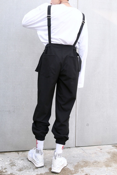 Guys Stylish Adjustable Straps Straps Elastic Cuff Zip Ribbon Embellished Loose Casual Cotton Black Workwear Bib Overalls