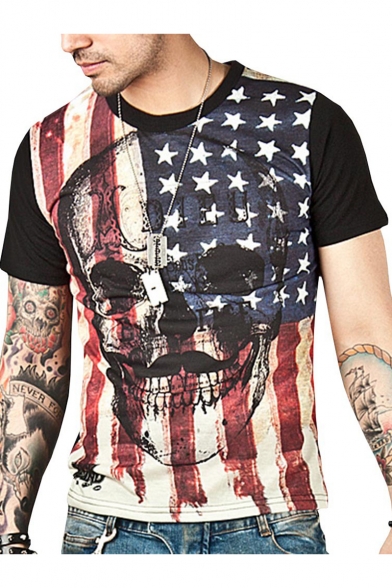 Guys Summer Cool Rock Style Flag Skull Printed Round Neck Short Sleeve Black Fitted Tee