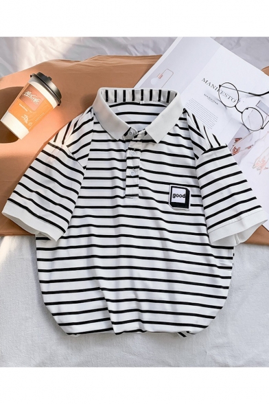 Guys Summer Simple Letter GOOD Striped Printed Casual Loose Polo Shirt