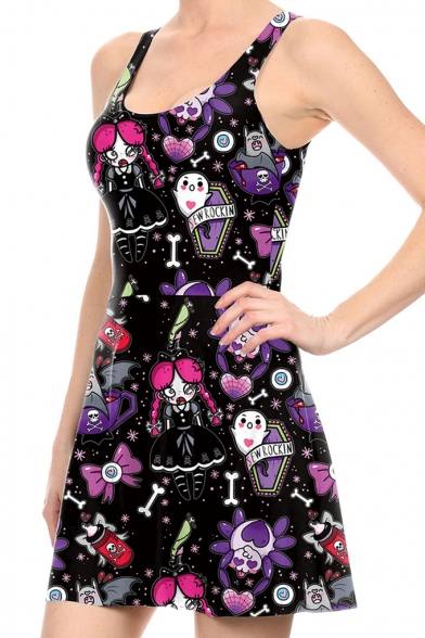 Halloween Style Cartoon Print Sleeveless Scoop Neck Tank Dress