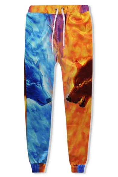 Hot Fashion Popular 3D Wolf Fox Fire Printed Blue and Yellow Casual Joggers Sweatpants