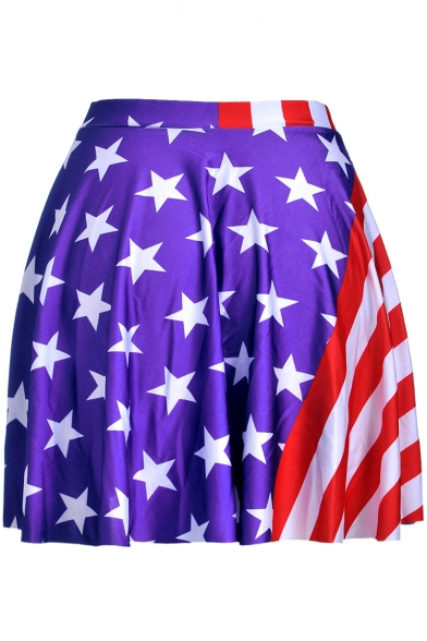 Hot Popular Star Striped Print Girls High Rise Navy Mini A-Line Skater Skirt