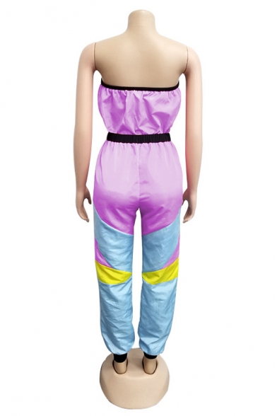 Hot Popular Wonmens Sexy Colorblock Strapless Sleeveless Gather Waist Pocket Embellished Bustier Jumpsuits