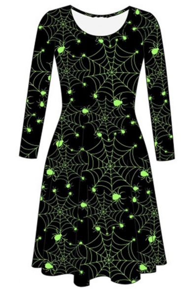Fashion Black Halloween Spider Web Print Round Neck Long Sleeve Pleated Mini Dress