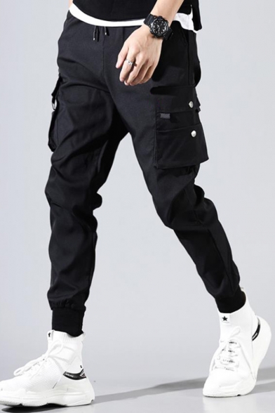 Men's Cool Fashion Solid Color Multi-pocket Drawstring Waist Elastic Cuffs Black Cotton Cargo Pants