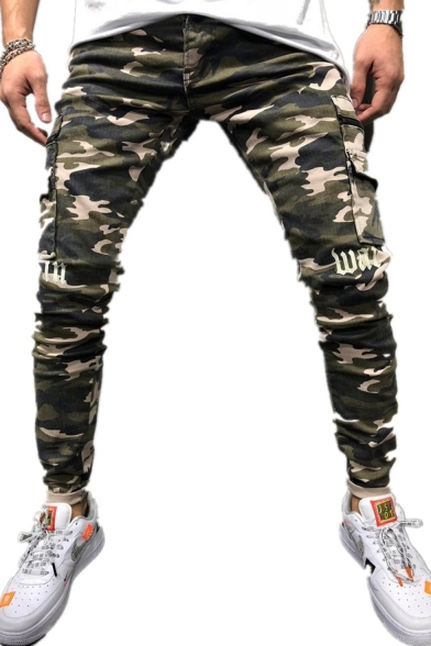 Men's Fashion Popular Camouflage Printed Flap Pocket Stripe Side Stretch Slim Fit Army Green Cargo Jeans