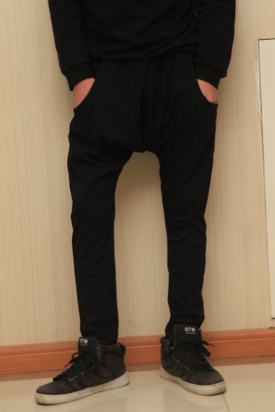 Men's New Fashion Letter Printed Black Baggy Low Crotch Harem Pants