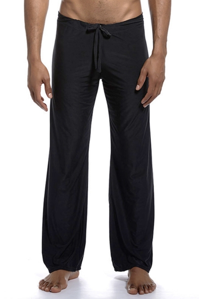 Men's New Fashion Simple Plain Ice Silk Fabric Black Drawstring Waist Wide Leg Pants