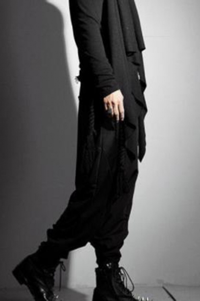 Men's New Fashion Solid Color Black Loose Fit Drop-Crotch Culottes Harem Pants