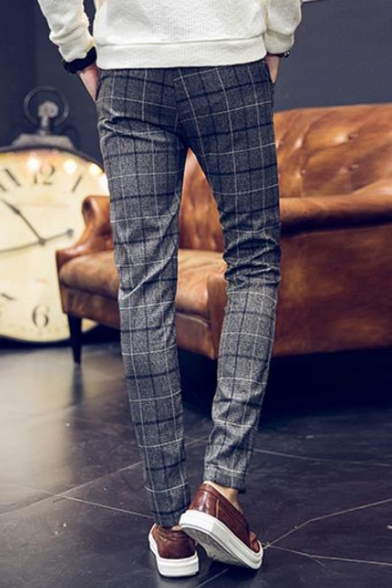 Men's New Stylish Plaid Pattern Slim Fitted Casual Dress Pants ...