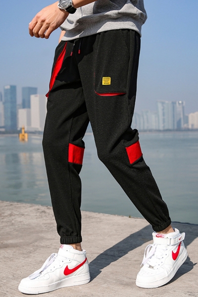 Men's Popular Fashion Colorblock Patched Drawstring Waist Elastic Cuffs Casual Tapered Pants
