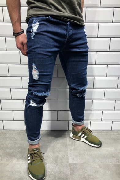 Men S Popular Fashion Knee Cut Dark Blue Casual Ripped Skinny Jeans Beautifulhalo Com