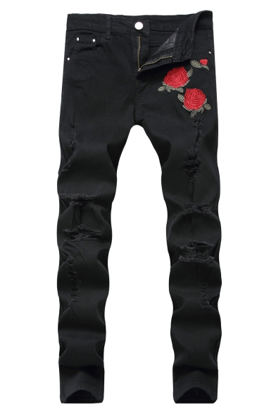 Men's Popular Fashion Rose Embroidery Pattern Black Slim Fit Ripped Jeans