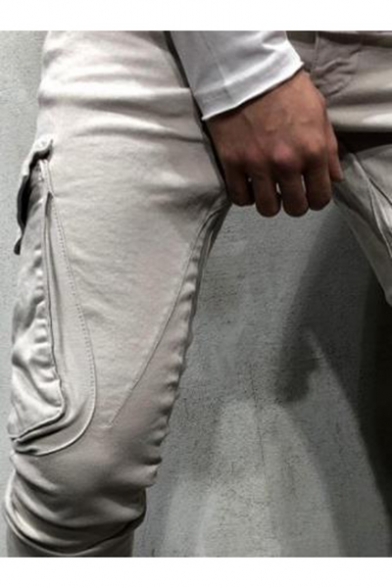 Men's Popular Fashion Solid Color Flap Pocket Side Skinny Cotton Joggers Pencil Pants