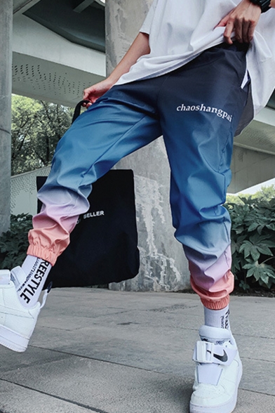 Men's Street Stylish Trendy Letter Printed Ombre Color Elastic Cuffs Hip Pop Loose Track Pants