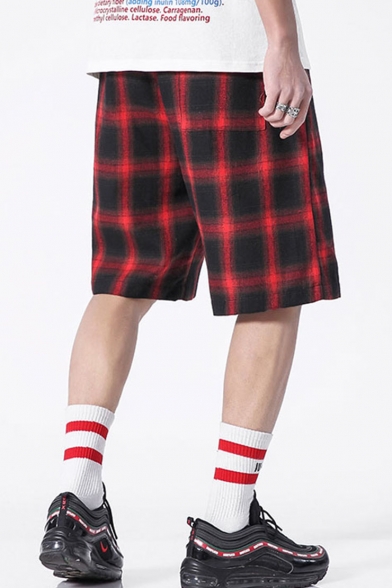 Men's Summer Trendy Plaid Pattern Drawstring Waist Casual Loose Sports Shorts
