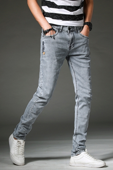 Men's Trendy Basic Plain Zip-fly Regular Fit Gray Casual Jeans