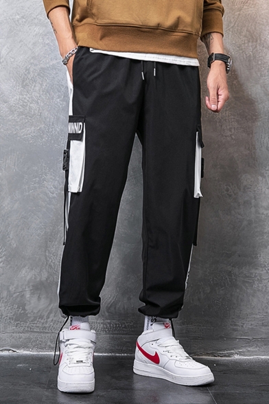 Men's Trendy Colorblock Letter Printed Buckle Strap Flap Pocket Side Drawstring Waist Casual Loose Sports Cargo Pants