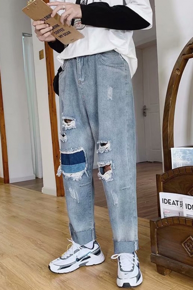 Men's Trendy Colorblock Patched Cool Distressed Ripped Loose Straight Jeans in Light Blue
