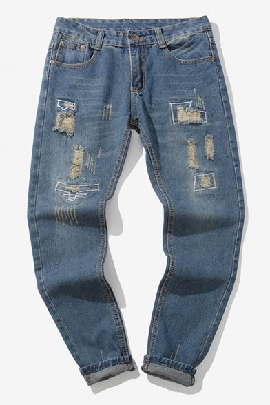 Men's Trendy Vintage Washed Blue Casual Destroyed Ripped Jeans