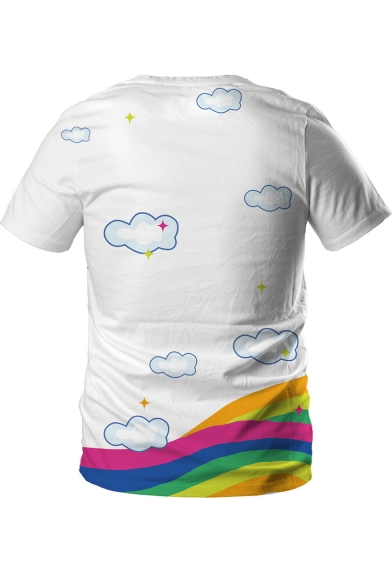 Mens Cute Rainbow Unicorn Printed Round Neck Short Sleeve White T-Shirt