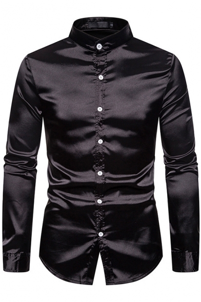 Mens Fancy Boutique Metallic Color Stand Collar Long Sleeve Button Up Slim Satin Shirt