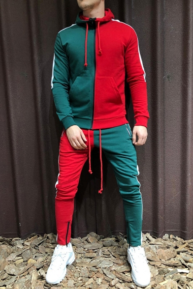 Mens Hot Popular Fashion Colorblock Two-Tone Slim Fit Zip Up Hoodie with Fitted Pants Two-Piece Set