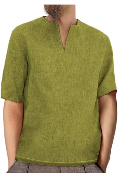 Nidicus Men Classic Ethnic Style Solid V-neck Short Sleeve Linen T-shirt 