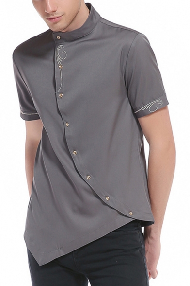 Mens Stylish Unique Stand Collar Oblique Button Front Short Sleeve Asymmetric Hem Fitted Shirt