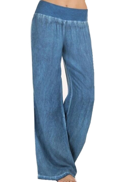 New Arrival Blue Fold Over Elastic Waist Tassel Hem Casual Loose Straight Denim Pants