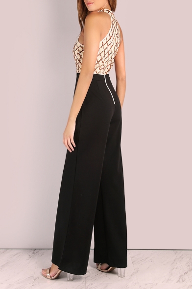 New Arrival Womens Halter Neck Sleeveless Sequin Embellished Patch Flare Leg Jumpsuits