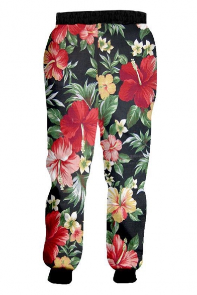 New Fashion Colored Floral Printed Drawstring Waist Red Casual Joggers Sweatpants