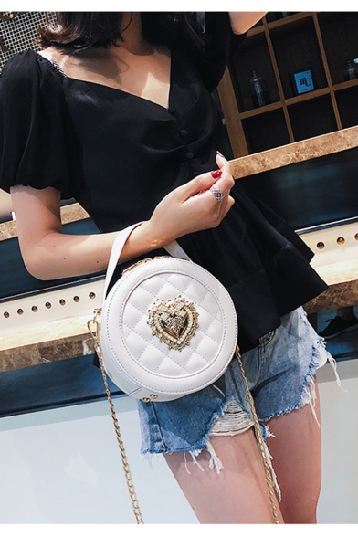 New Fashion Solid Color Rhinestone Bow Heart Decoration Top Handle Diamond Check Quilted Round Crossbody Bag 17*8 CM