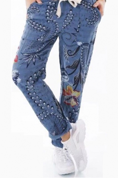 New Stylish Chic Tie Waist Floral Printed Rolled Cuff Tapered Pants