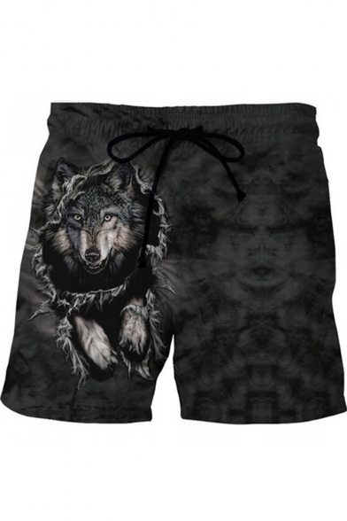 Popular Fashion 3D Wolf Printed Drawstring Waist Black Summer Beach Swim Trunks