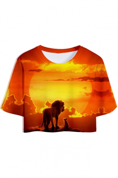Popular The Lion King 3D Print Crop Tee with Dolphin Shorts Two-Piece Set