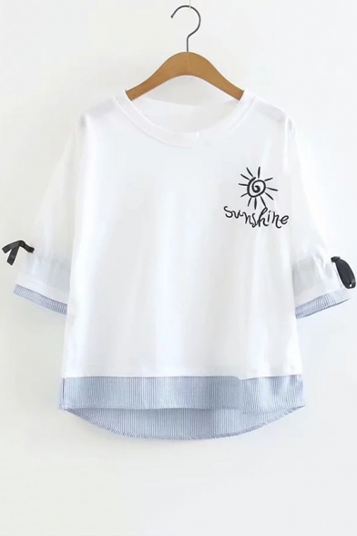 Simple Cartoon Letter SUNSHINE Printed Patched Fake Two-Piece Loose Fit T-Shirt