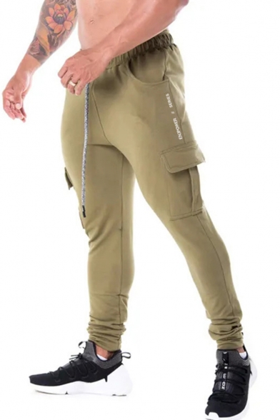 Simple Fashion Solid Color Flap Pocket Side Drawstring Waist Slim Fit Joggers Pencil Pants