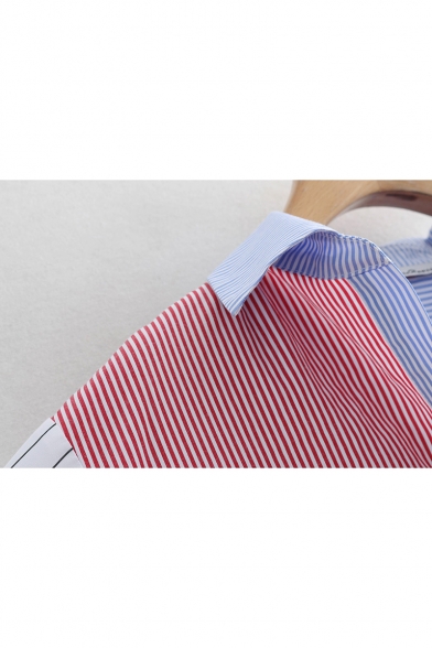 Stylish Colorblock Vertical Striped Printed Long Sleeve Split Side High Low Hem Longline Button Down Shirt