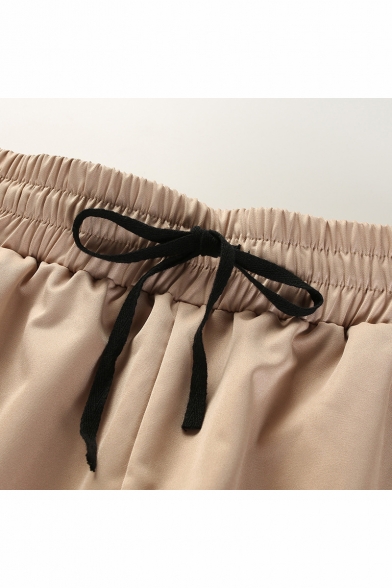 Stylish Khaki Drawstring Waist Striped Side Elastic Cuff Casual Loose Pants