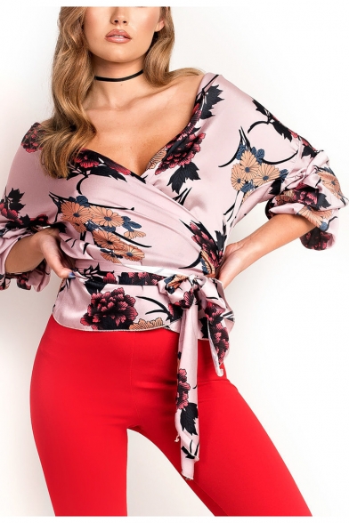 Summer Chic Floral Pattern Surplice V-Neck Long Sleeve Bow-Tied Waist Blouse for Women