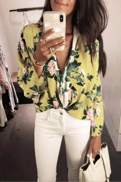 Summer Chic Green Floral Printed V-Neck Long Sleeve Loose Blouse Top