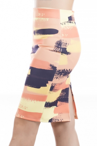 Summer Colorful Painting High Rise Split Back Midi Pencil Bodycon Skirt