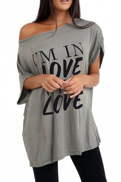 Summer Cool Funny Letter I'M IN LOVE WITH LOVE Printed One Shoulder Casual Oversized T-Shirt