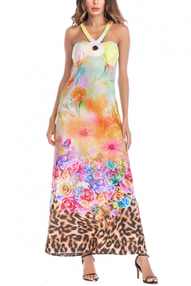 Summer Fancy Floral Painting Halter Neck Sleeveless Maxi Swing Dress