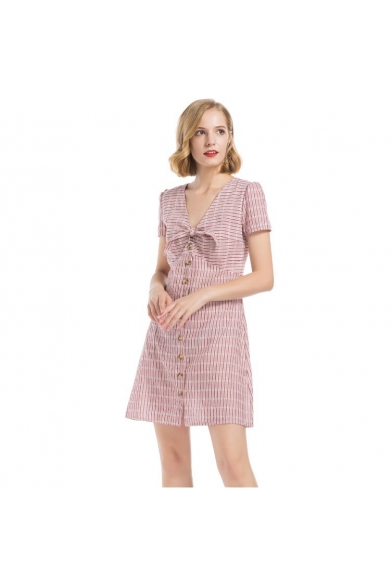 Summer Fancy Pink Striped Bow-Tied V-Neck Short Sleeve Button Down Mini A-Line Dress